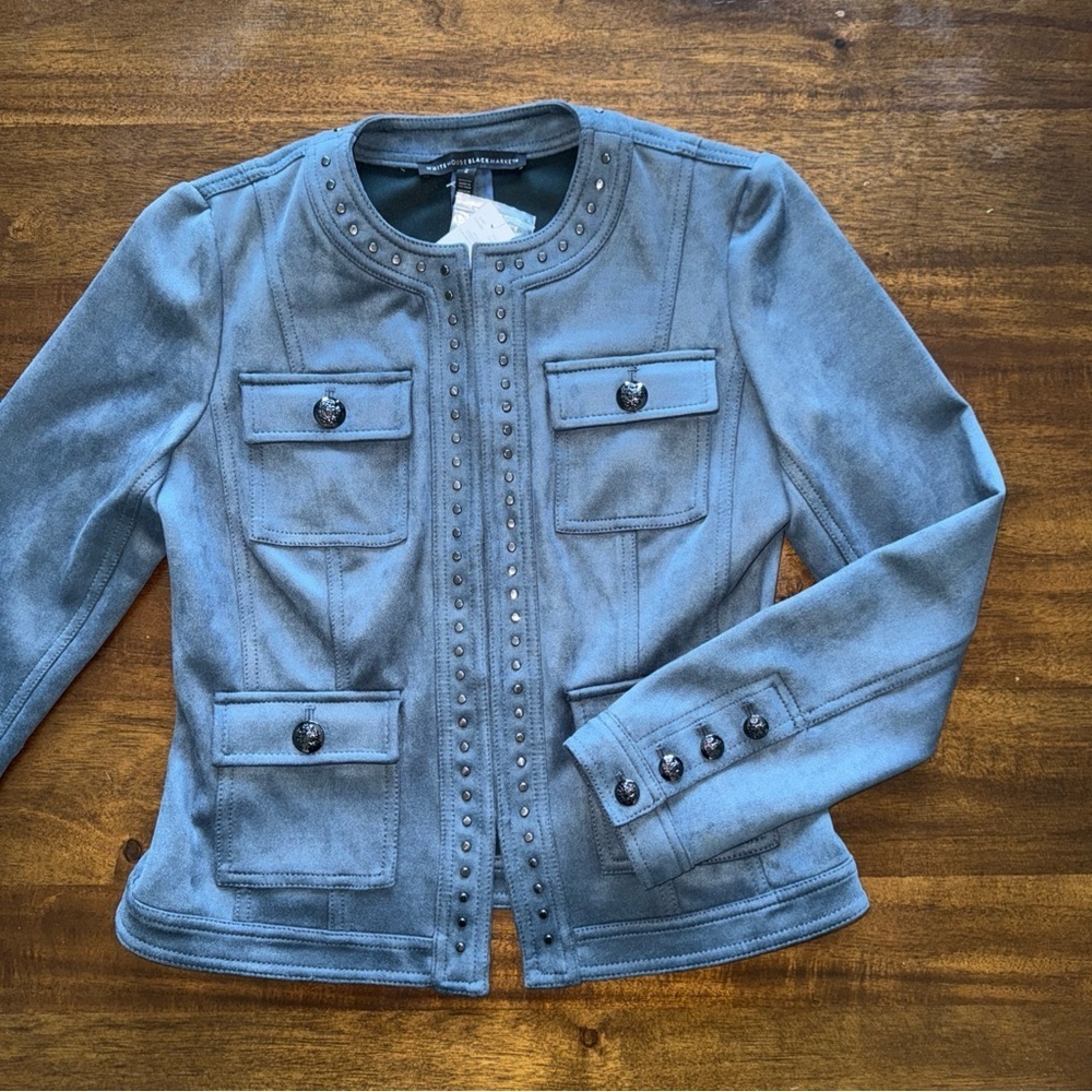 NWT $175 White House Black Market Indigo Blue Ultrasuede Studded Jacket Size 2